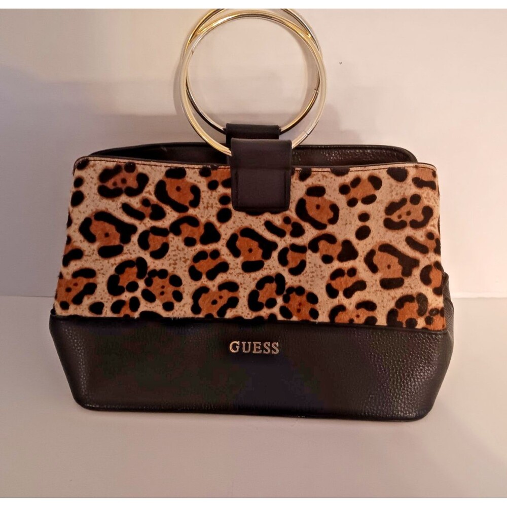 GUESS Y2K Leopard Print Bag Purse Gold Ring Handles